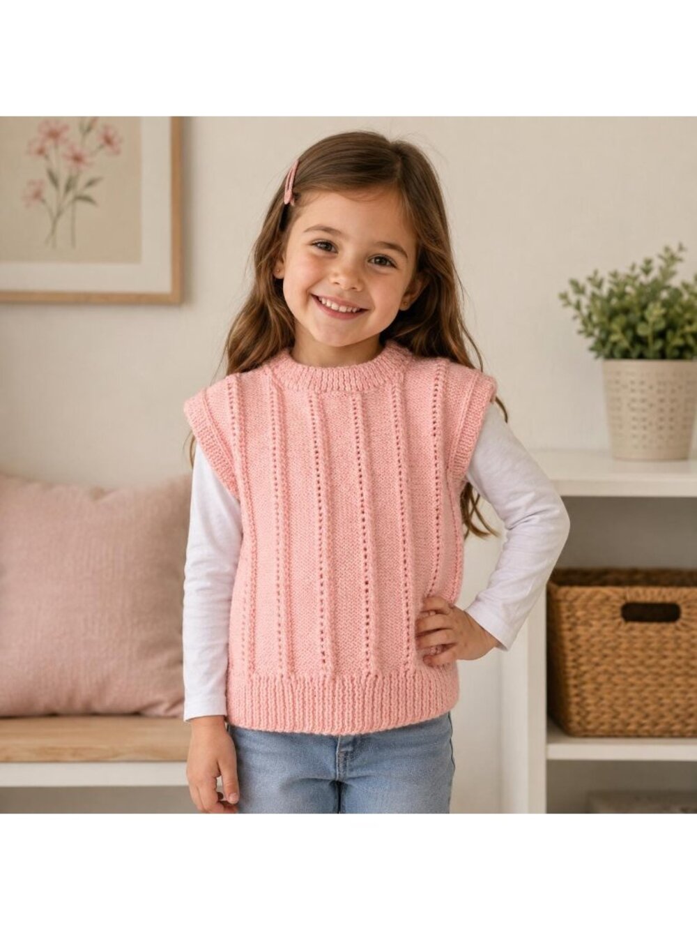 Handmade Girs Vest Knitted In Light Pink